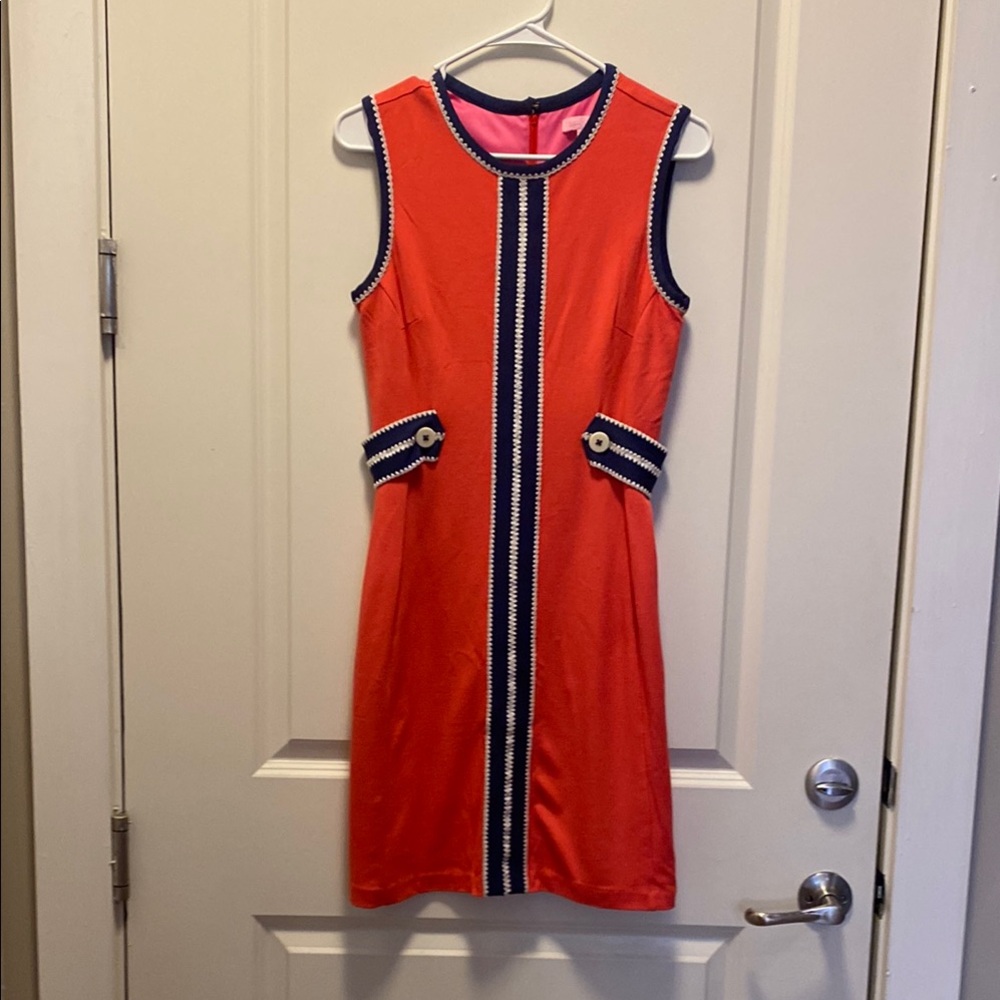 Lilly Pulitzer Coral-Red Sleeveless Mini Dress with Navy Trim
